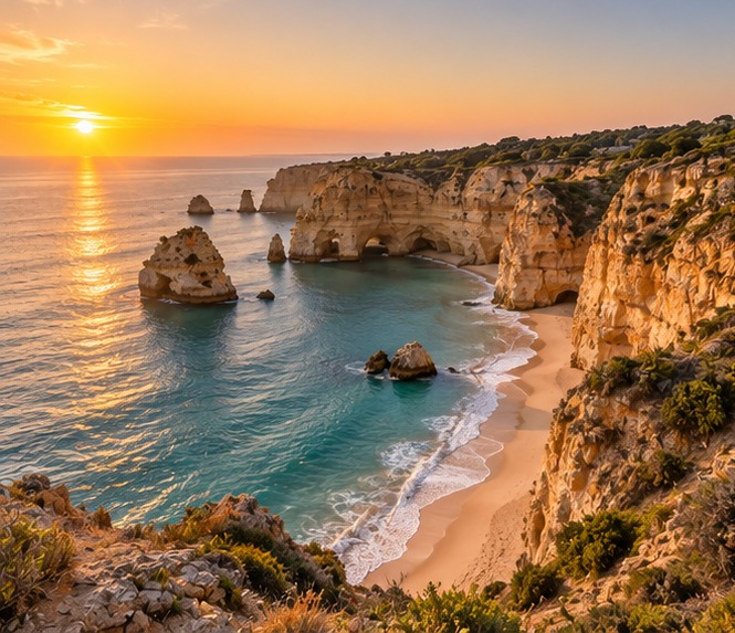 Amanecer dorado sobre los acantilados de Praia da Marinha