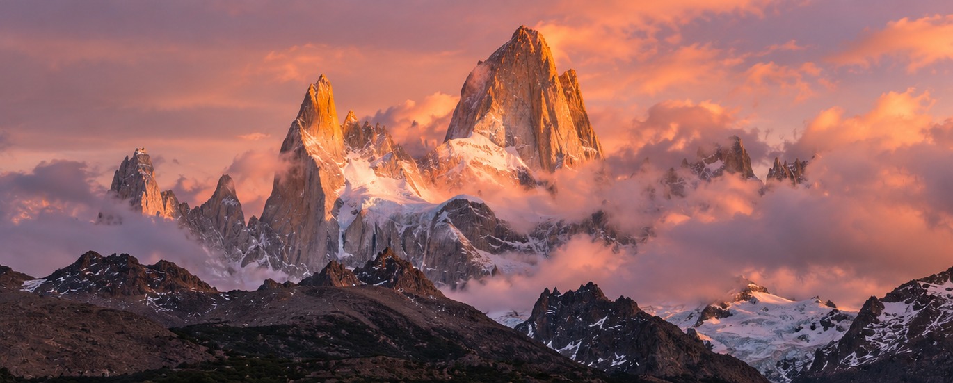El cerro Fitz Roy entre nubes al atardecer