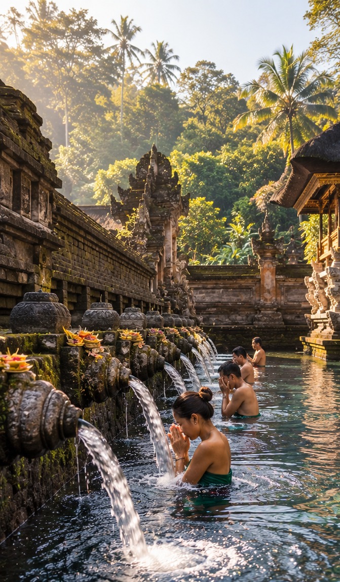 Ritual de purificación en las aguas sagradas de Tirta Empul