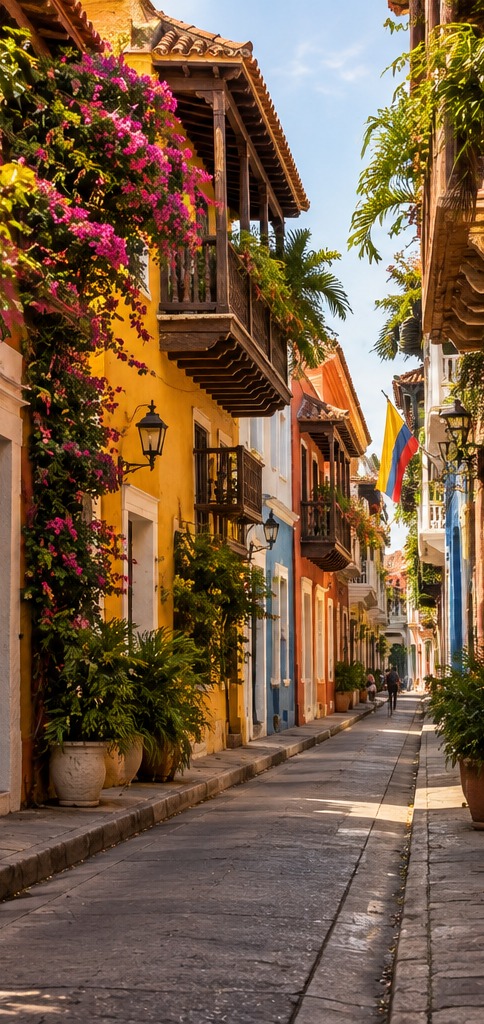 Callejón de fachadas de colores y balcones de madera en Getsemaní