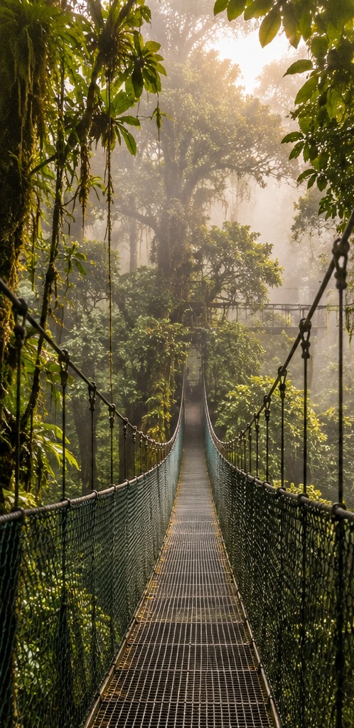 Puente colgante entre la niebla del bosque nuboso de Monteverde