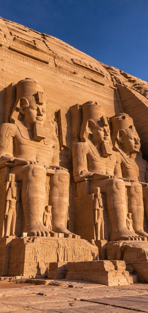 Las estatuas colosales de Ramsés II en la fachada del templo de Abu Simbel