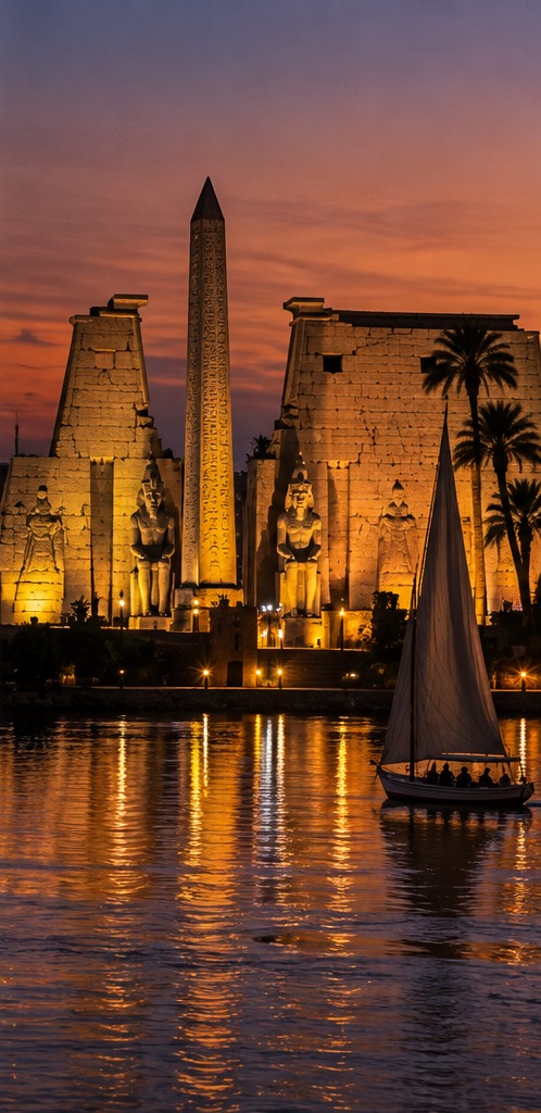 El templo de Luxor iluminado al anochecer junto al Nilo