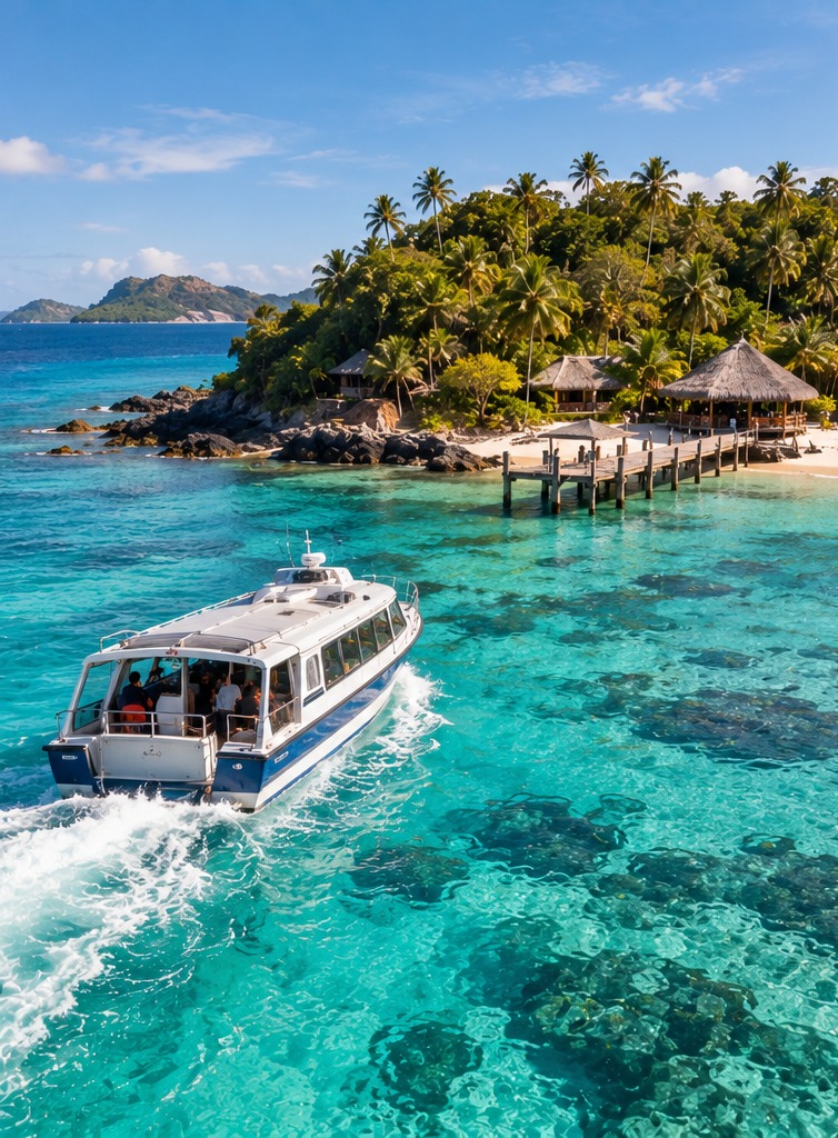 Lancha llegando a una isla de las Mamanuca con aguas turquesa