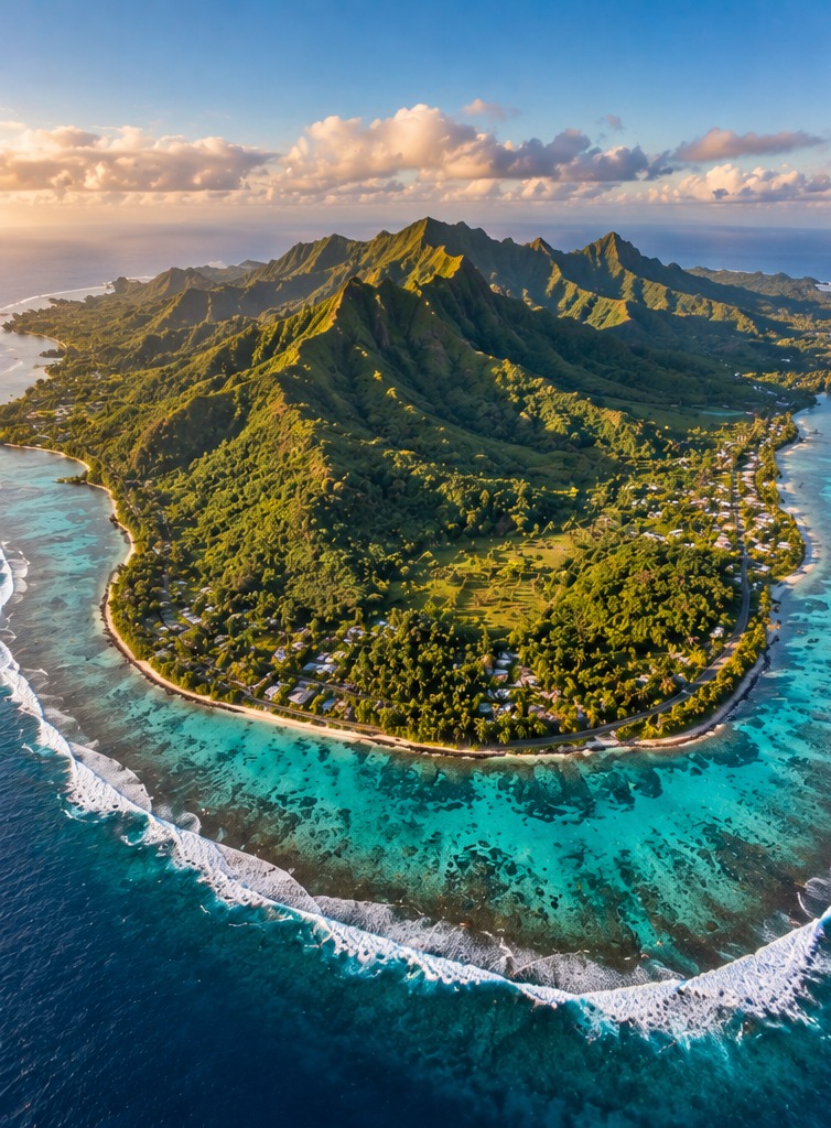 Vista aérea de Rarotonga con la única carretera bordeando toda la isla