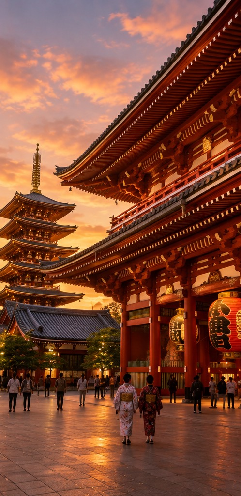Templo de Senso-ji en el barrio de Asakusa, Tokio, al atardecer