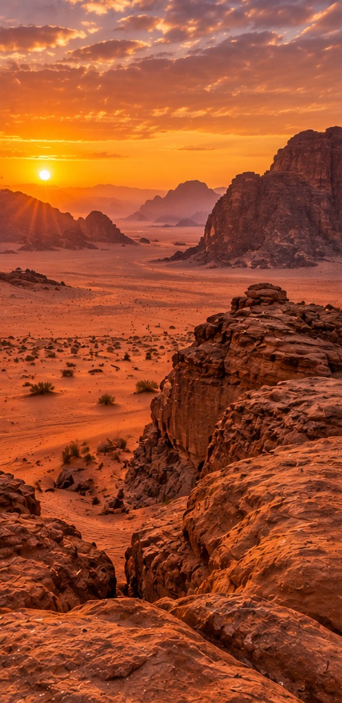 Formaciones rocosas del desierto de Wadi Rum al atardecer