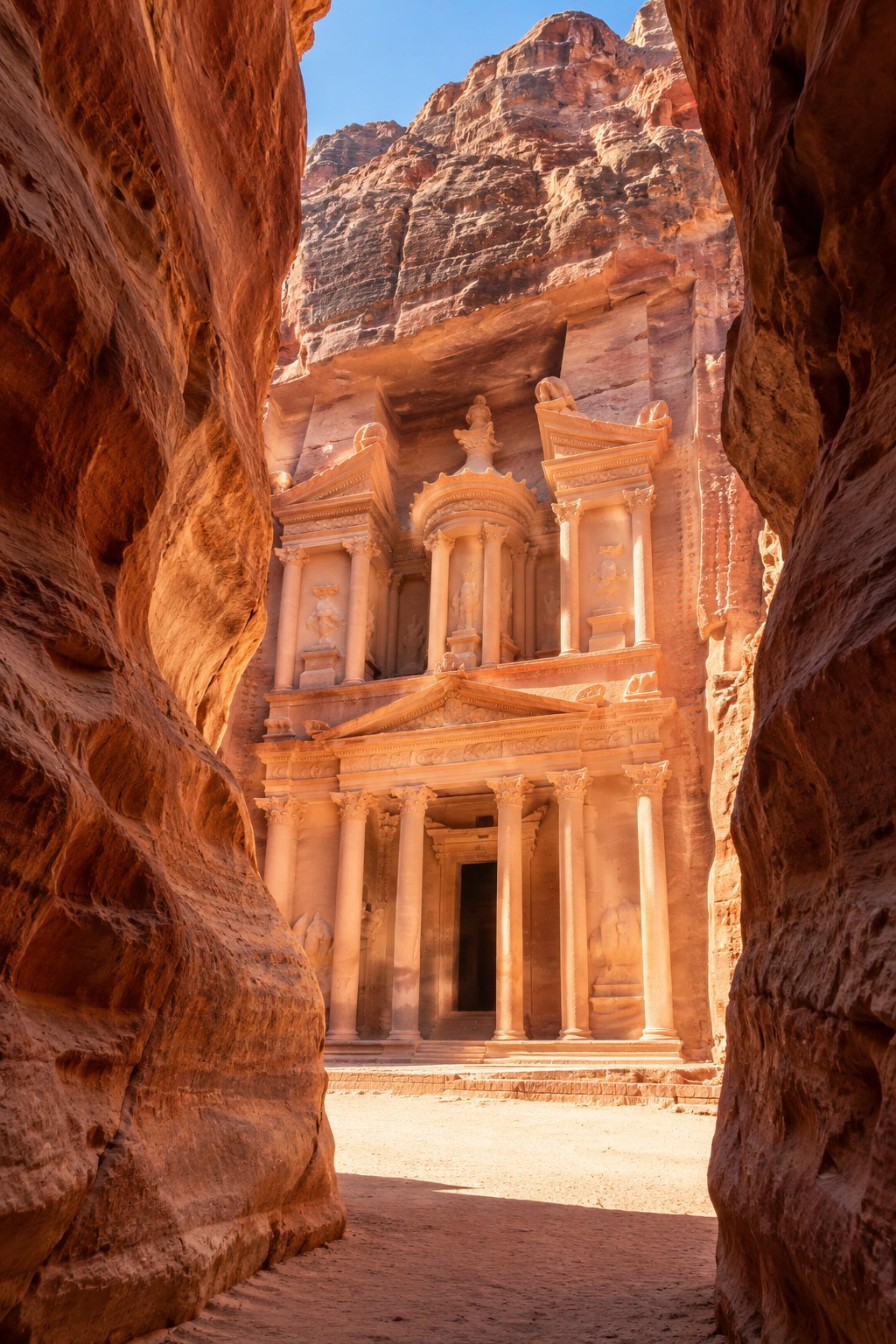 El Tesoro (Al-Khazneh) tallado en roca al final del Siq, Petra