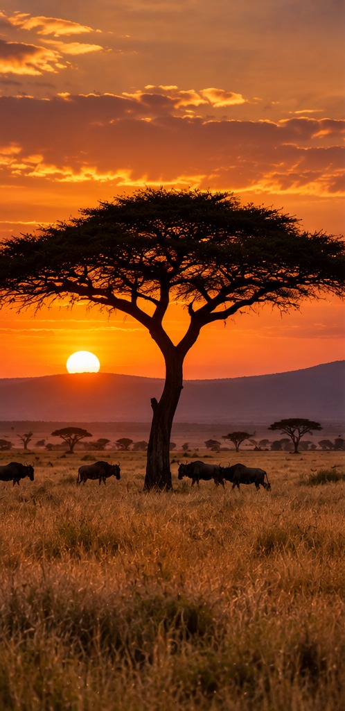 Acacia solitaria en la llanura del Serengeti al atardecer