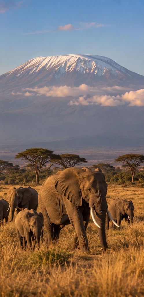 El Kilimanjaro nevado visto desde la sabana de Amboseli, Kenia