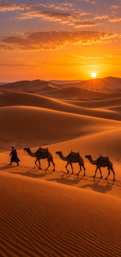 Dunas doradas del Erg Chebbi al atardecer, desierto del Sáhara