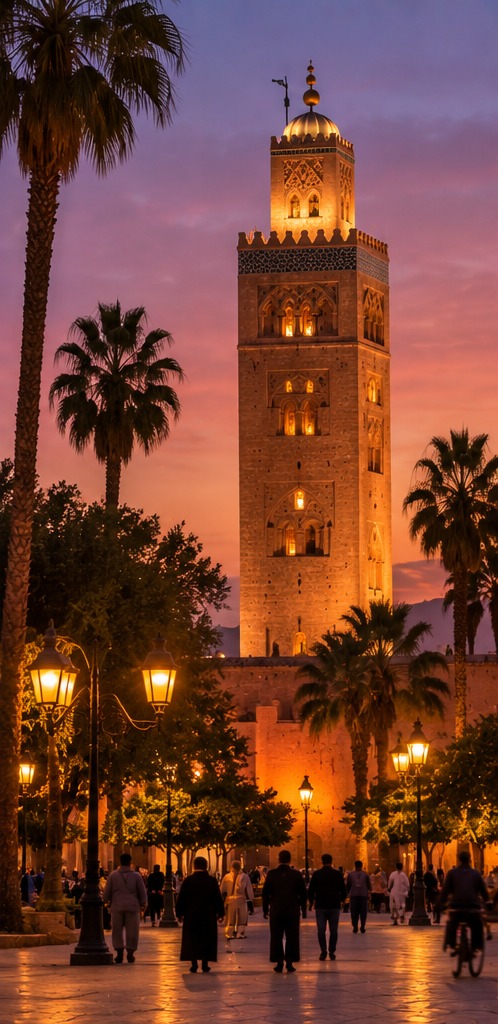 Alminar de la mezquita Koutoubia en Marrakech al anochecer