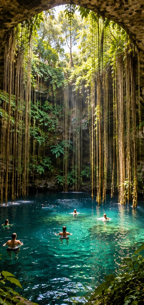 Interior del cenote Ik Kil con raíces colgantes y agua turquesa