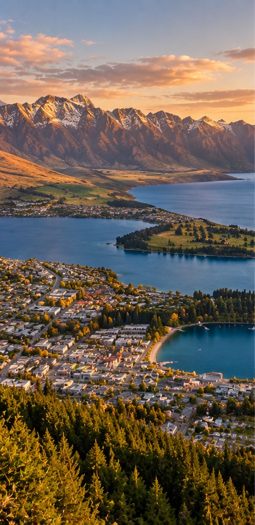 Vista aérea de Queenstown junto al lago Wakatipu y las montañas Remarkables