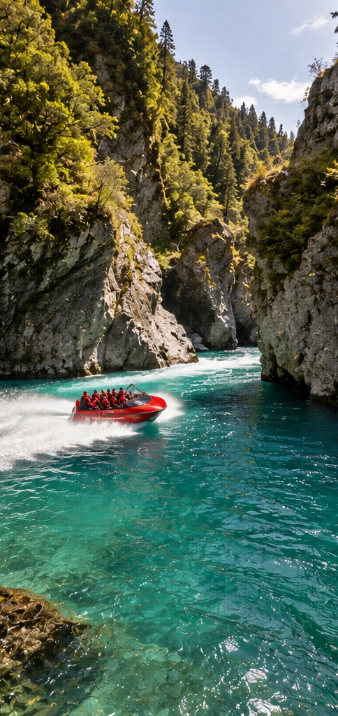 Jet boat surcando aguas turquesas de un cañón rocoso