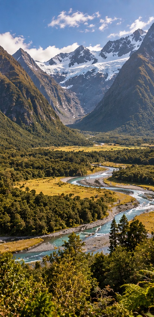Valle glaciar y río en el Parque Nacional de Fiordland