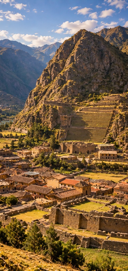 Terrazas incas y pueblo de Ollantaytambo en el Valle Sagrado