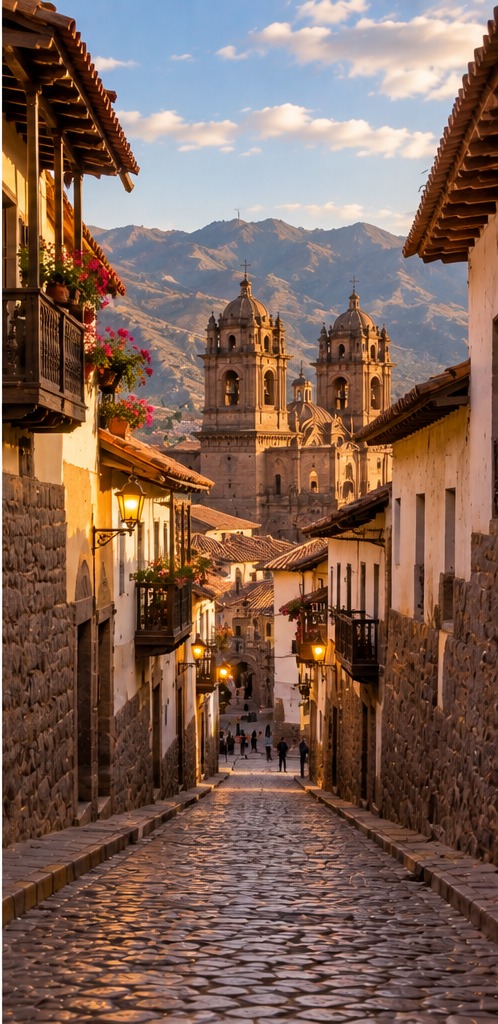 Calle empedrada de Cusco con las torres de la catedral al fondo