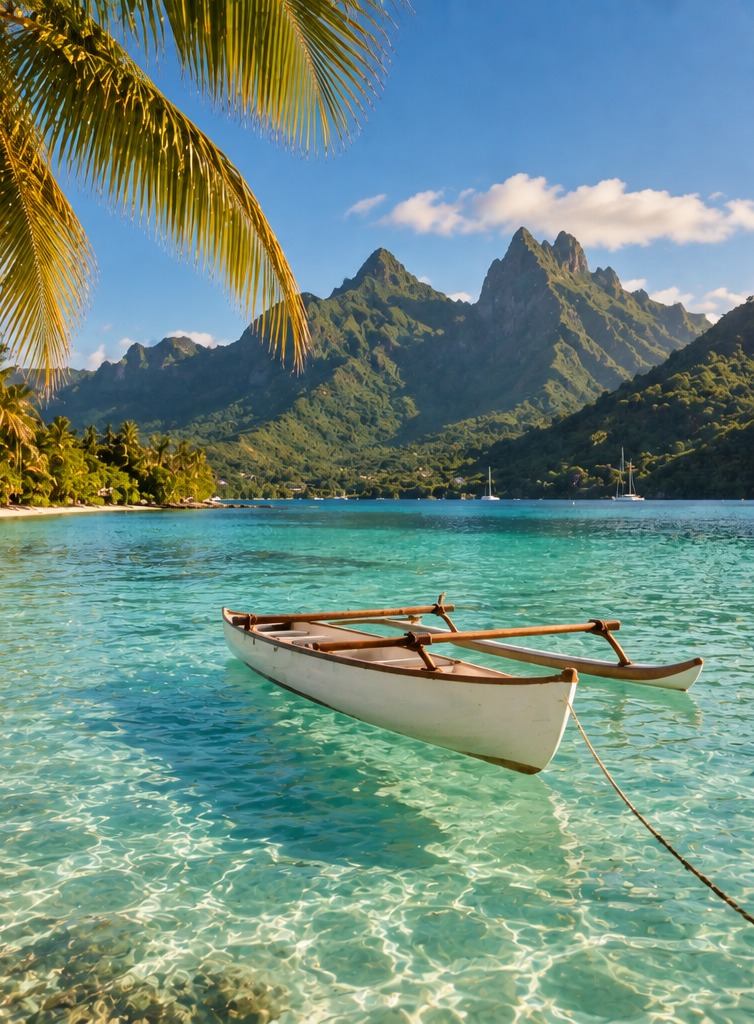 Piragua fondeada en el lagón turquesa de Moorea con las montañas al fondo