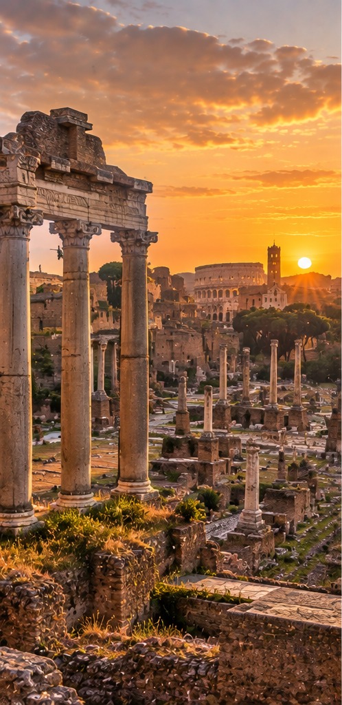 Columnas y ruinas del Foro Romano al atardecer