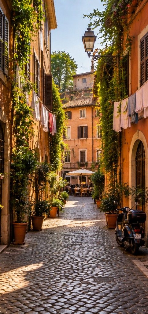 Calle empedrada del barrio de Trastevere