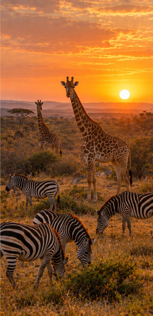 Cebras y jirafas en el matorral del Parque Nacional Kruger al atardecer