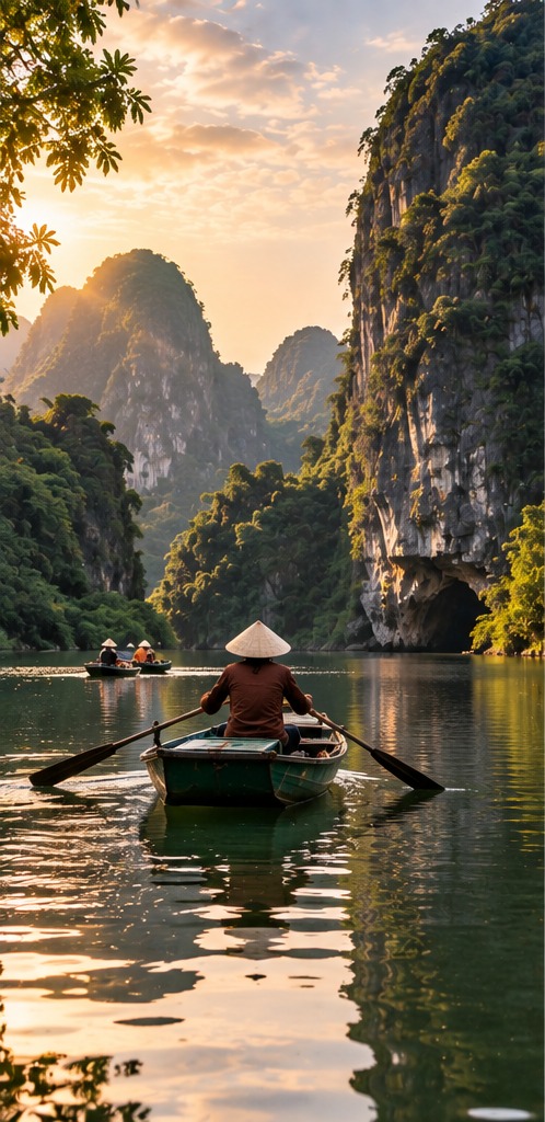 Picos kársticos de Trang An reflejados en el agua