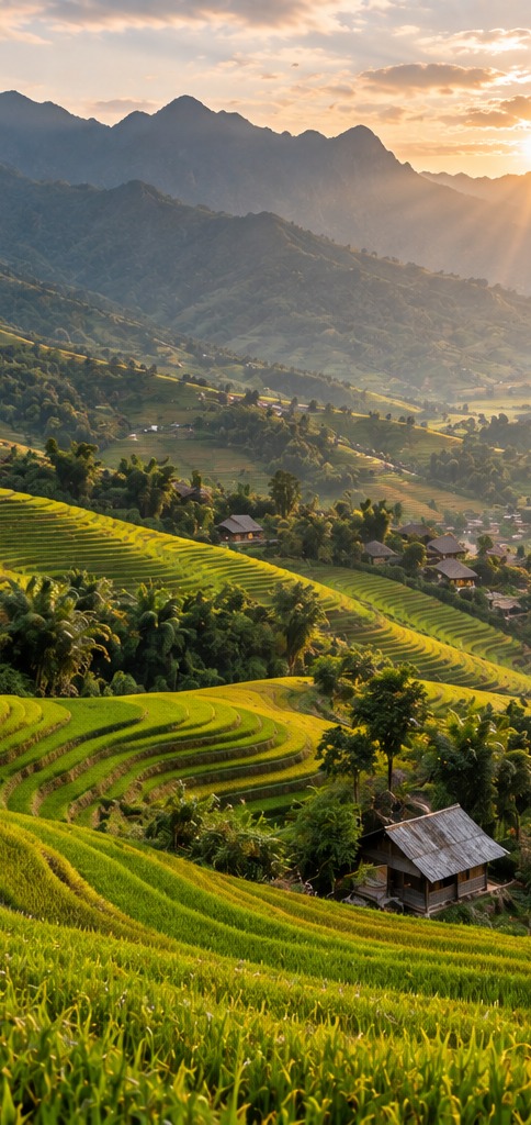 Terrazas de arroz y valle de montaña en Sapa