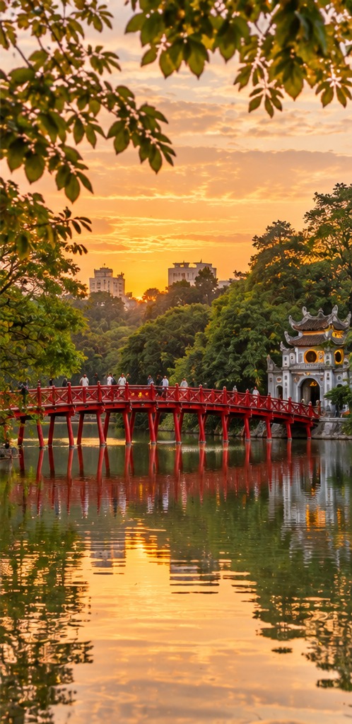 Lago Hoan Kiem iluminado al atardecer, Hanói