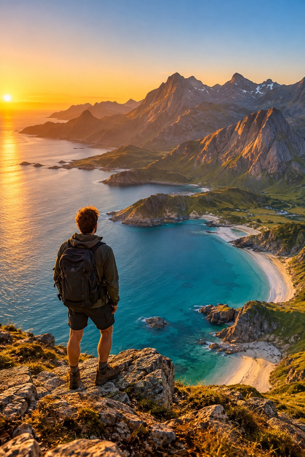 Viajero contemplando un fiordo al atardecer